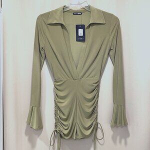 NWT FASHION NOVA Short Shorts Romper Plunge V Neck Light Olive Woman Size Small